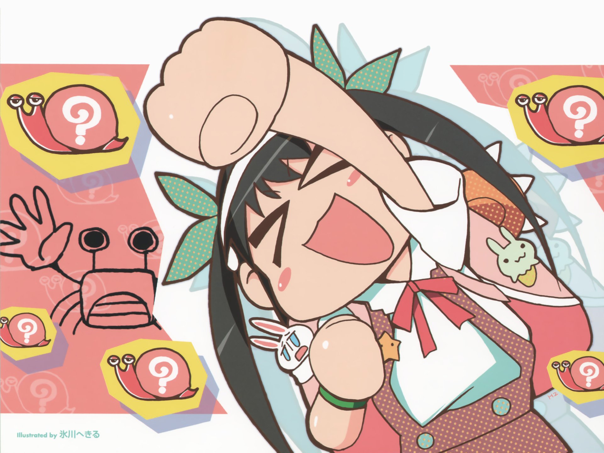 HD anime desktop wallpaper featuring Mayoi Hachikuji from the Monogatari series, showcasing a cheerful, energetic pose with vibrant pastel tones and playful snail motifs.