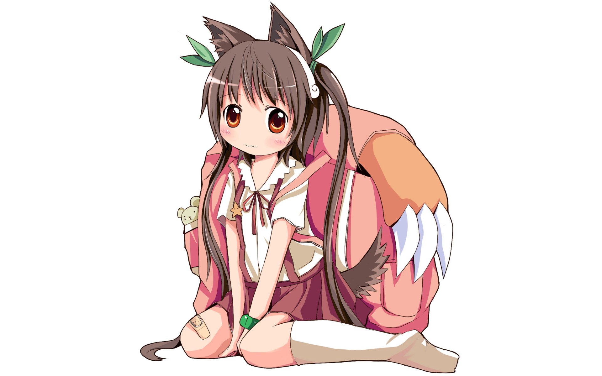 Mayoi Hachikuji (Monogatari series) — anime girl with cat‑ear ribbon and oversized backpack, seated; 2K Quad HD PC desktop wallpaper/background.