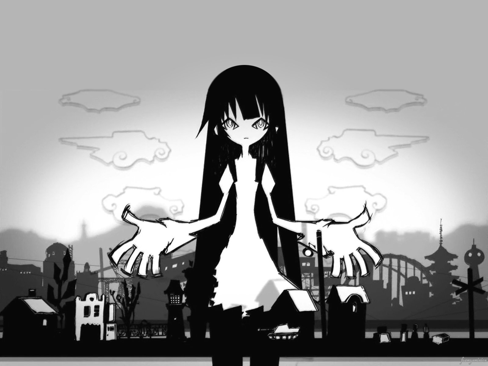 Monochrome HD PC wallpaper of Hitagi Senjōgahara (Monogatari series) looming over a silhouetted city with outstretched hands in stark, stylized anime art