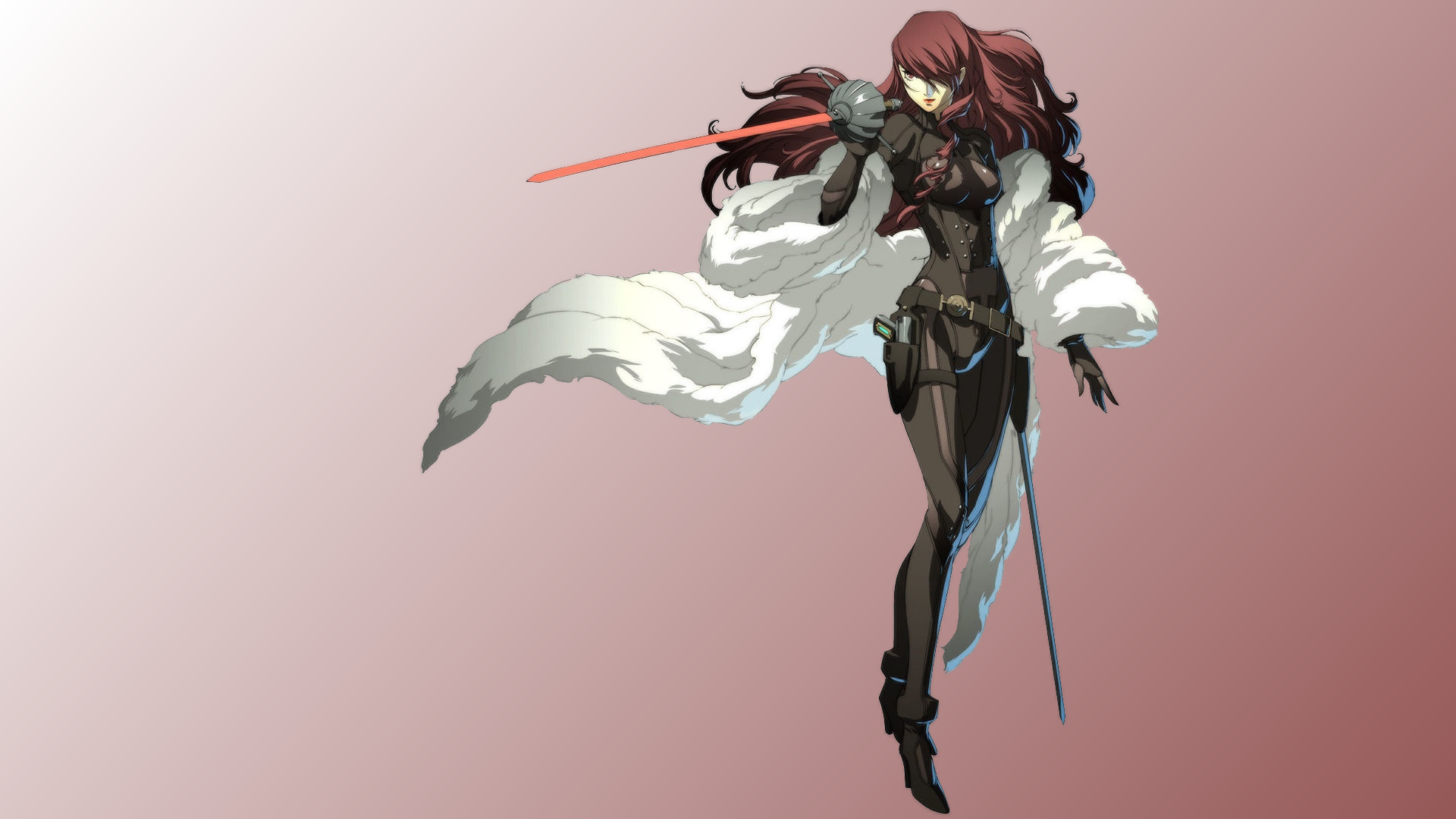 HD PC desktop wallpaper featuring a character from the video game Persona 4: Arena in dynamic pose with a sword and a flowing white coat against a soft pink background.