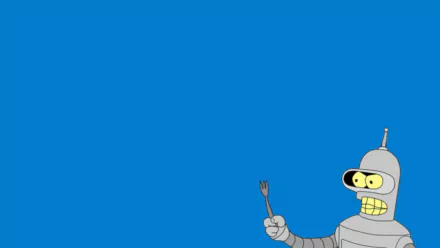 Bender (Futurama) from the TV show Futurama grins while holding a fork against a vivid blue background — HD PC desktop wallpaper and background.