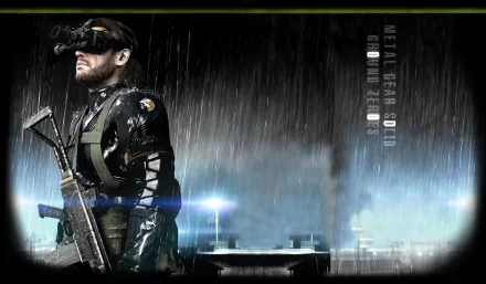 HD PC desktop wallpaper/background: video game Metal Gear Solid V: Ground Zeroes — rain-soaked Big Boss in night-vision gear holding a rifle before a stormy, neon-lit military compound.