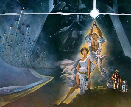 HD PC desktop wallpaper featuring iconic characters from Star Wars Episode IV: A New Hope with Luke Skywalker, Princess Leia, and Darth Vader in a dramatic space scene.