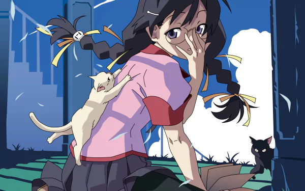 HD anime desktop wallpaper featuring Tsubasa Hanekawa from the Monogatari Series, with her cat perched on her shoulder against a stylized blue and urban background.