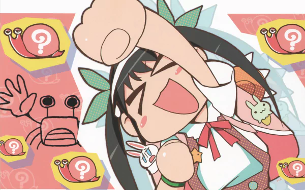 HD anime desktop wallpaper featuring Mayoi Hachikuji from the Monogatari series, showcasing a cheerful, energetic pose with vibrant pastel tones and playful snail motifs.