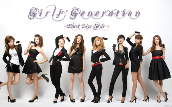 HD PC desktop wallpaper featuring Girls' Generation (SNSD) posing together in stylish black outfits, representing their music and signature look.