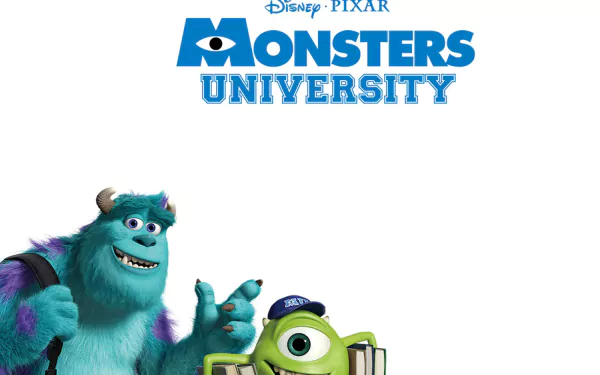 HD desktop wallpaper featuring James P. Sullivan and Mike Wazowski from the movie Monsters University with the Disney Pixar logo and title above them.
