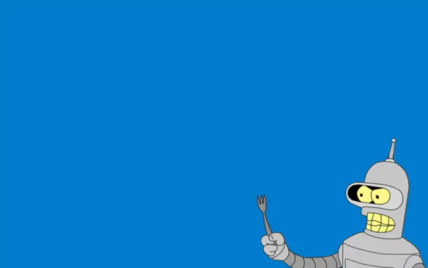Bender (Futurama) from the TV show Futurama grins while holding a fork against a vivid blue background — HD PC desktop wallpaper and background.