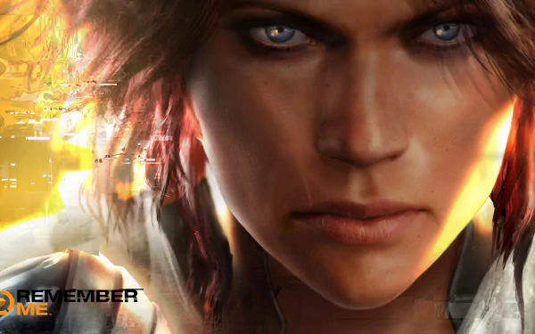 Close-up HD desktop wallpaper of a character from the video game Remember Me, featuring intense eyes and a futuristic digital background.