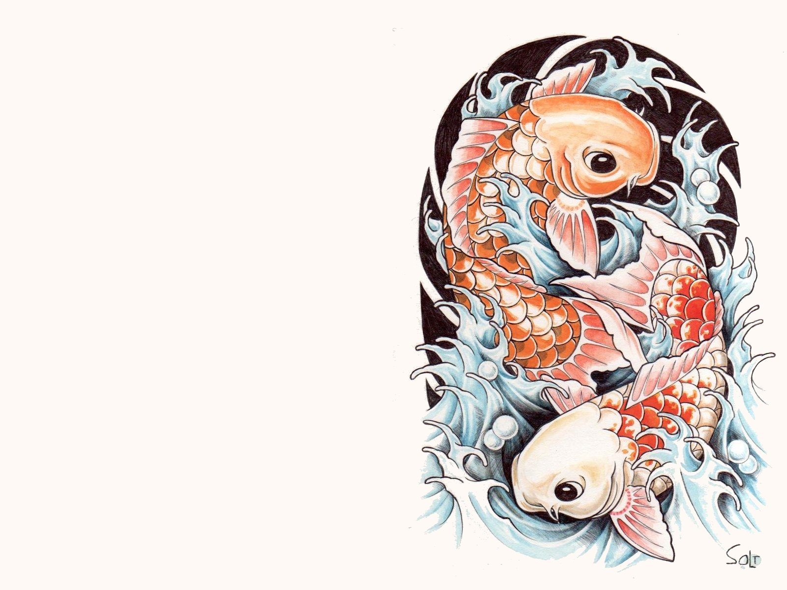 HD PC desktop wallpaper featuring two vibrant koi fish swimming amidst stylized water waves on a light background.