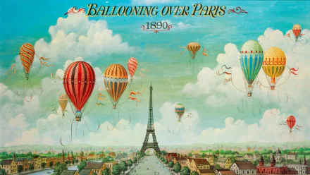 A vibrant HD wallpaper illustrating colorful hot air balloons over Paris, with the Eiffel Tower prominently featured against a bright sky, titled Ballooning over Paris, 1890.