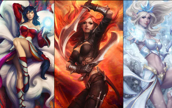 HD desktop wallpaper featuring League of Legends characters Ahri, Katarina, and Janna in powerful poses, set against dynamic, colorful backgrounds.