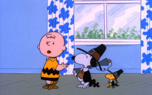A colorful scene from A Charlie Brown Thanksgiving, featuring Charlie Brown, Snoopy in a Pilgrim hat, and Woodstock, set against a cheerful backdrop with flowers and sunlight.