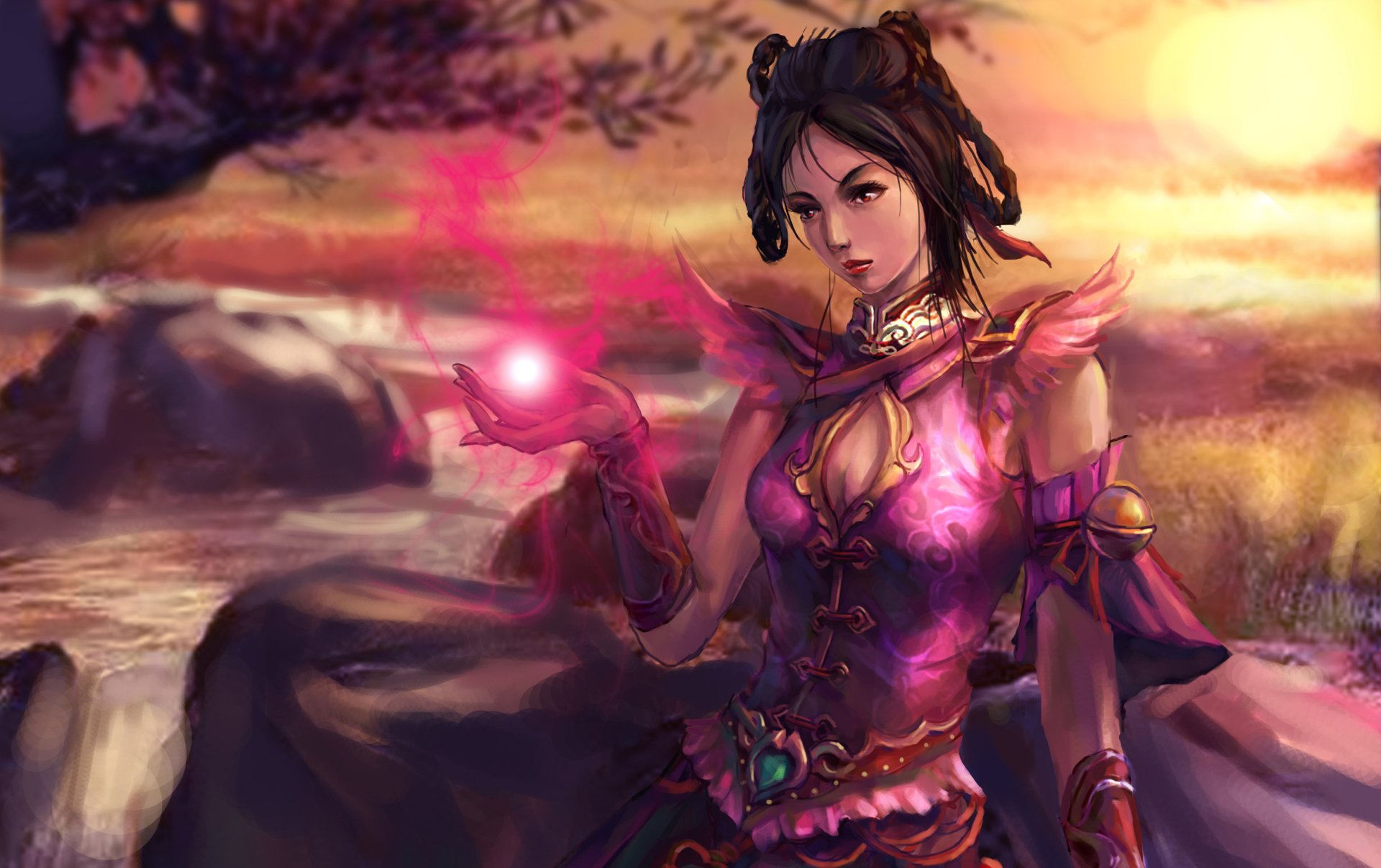 A fantasy-themed HD PC desktop wallpaper portraying a magical woman in ornate purple armor, holding a glowing pink orb against a mystical sunset landscape.