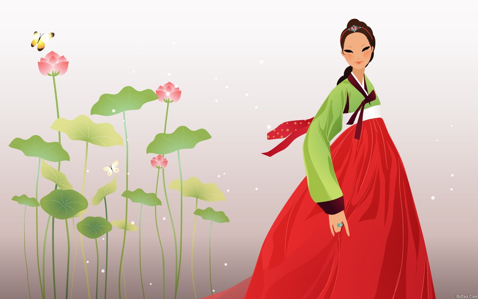 Artistic HD desktop wallpaper of a Korean woman wearing a traditional costume, standing gracefully beside blooming lotus flowers.
