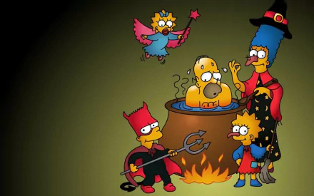 HD desktop wallpaper featuring The Simpsons family—Bart, Lisa, Marge, Homer, and Maggie—in Halloween costumes around a cauldron.
