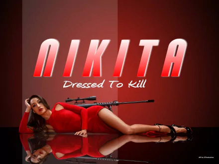 HD desktop wallpaper of the TV show Nikita featuring Maggie Q in a red dress, lying beside a sniper rifle, with the text NIKITA Dressed To Kill.