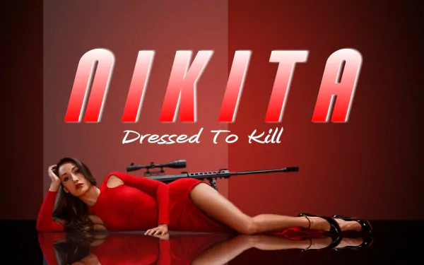 HD desktop wallpaper of the TV show Nikita featuring Maggie Q in a red dress, lying beside a sniper rifle, with the text NIKITA Dressed To Kill.