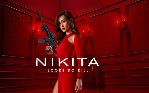 HD desktop wallpaper featuring Maggie Q from the TV show Nikita. She is in a red room, wearing a red dress, holding a gun with the text Nikita: Looks Do Kill.