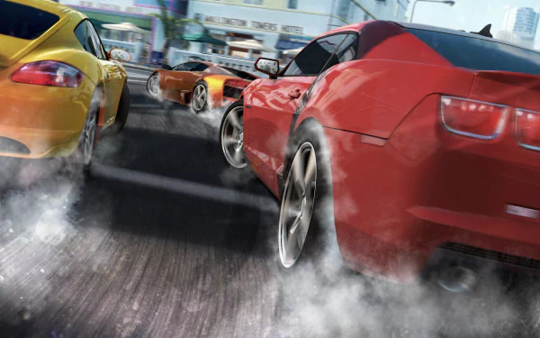 HD PC desktop wallpaper/background from the video game The Crew showing three sports cars—red, yellow and orange—racing on a wet city street with tire smoke and blurred skyscrapers.