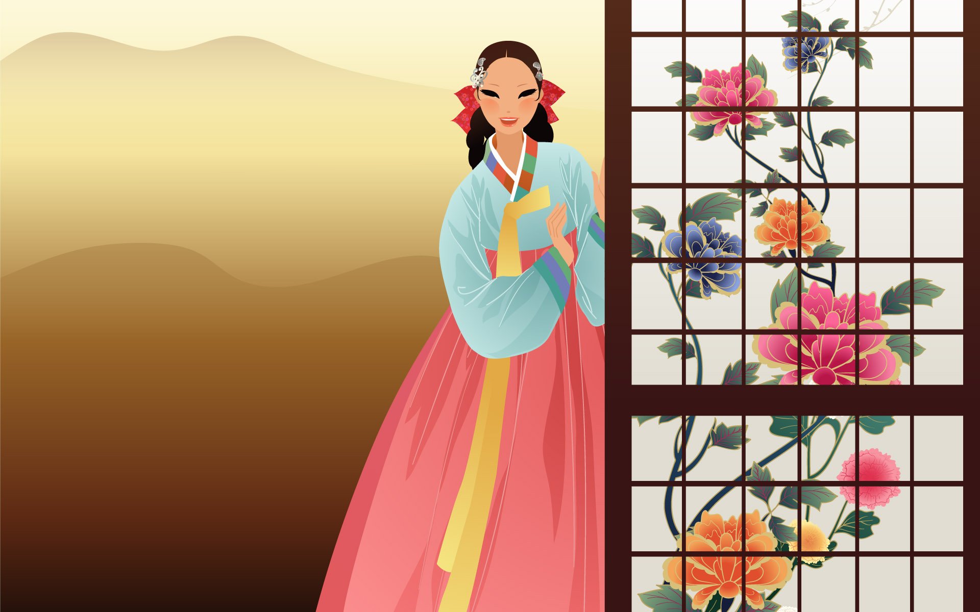 Artistic HD PC wallpaper showing a Korean woman in traditional costume standing beside a floral screen with a soft gradient background.