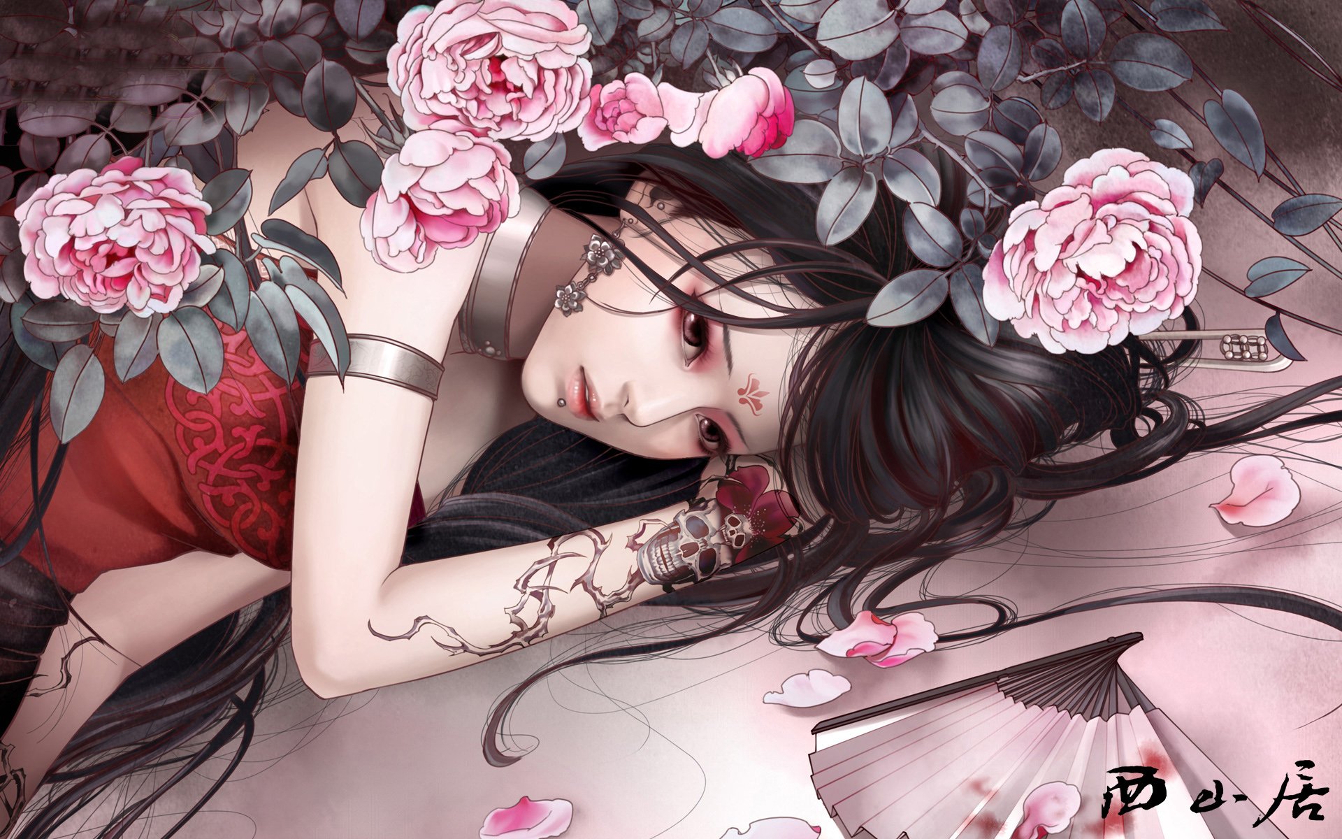 A fantasy-themed HD wallpaper featuring a female figure lying among pink roses, adorned with a skull tattoo, inspired by JX Online and evoking a mystical atmosphere.