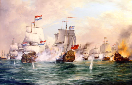 HD desktop wallpaper depicting the naval battle of Sole Bay, showcasing intense military ships engaged in combat on the open sea.