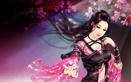 A vibrant HD desktop wallpaper featuring a character from JX Online, surrounded by cherry blossoms and an ethereal background, showcasing dynamic colors and graceful portrayal.