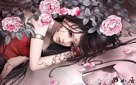 A fantasy-themed HD wallpaper featuring a female figure lying among pink roses, adorned with a skull tattoo, inspired by JX Online and evoking a mystical atmosphere.
