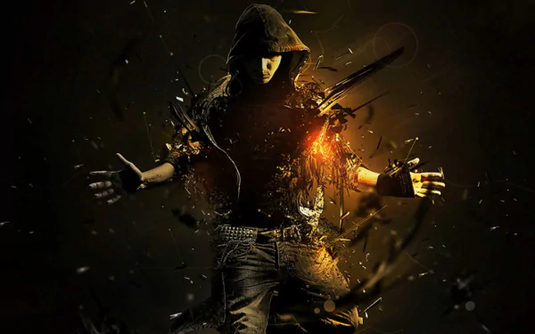 HD desktop wallpaper showing a dynamic dancer in a hooded jacket amidst shattered fragments, with lighting that highlights the energy and movement of dance and music.