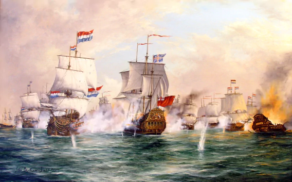 HD desktop wallpaper depicting the naval battle of Sole Bay, showcasing intense military ships engaged in combat on the open sea.