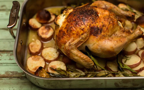 A beautifully roasted chicken on a bed of sliced potatoes and herbs, showcased in an elegant tray, serves as a delicious desktop wallpaper and background.
