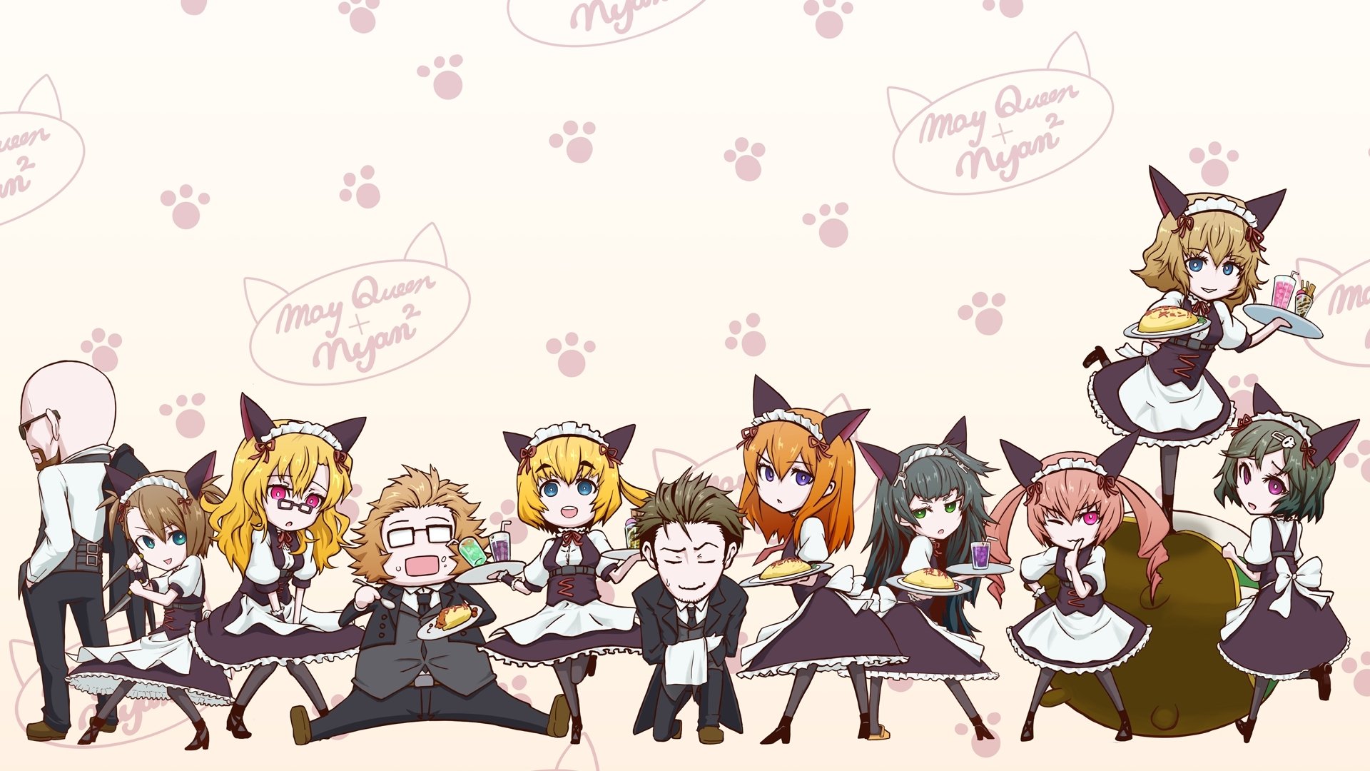 A vibrant HD wallpaper featuring characters from *Steins;Gate*, including Itaru Hashida, Luka Urushibara, and others in playful maid costumes against a light, paw-print background.