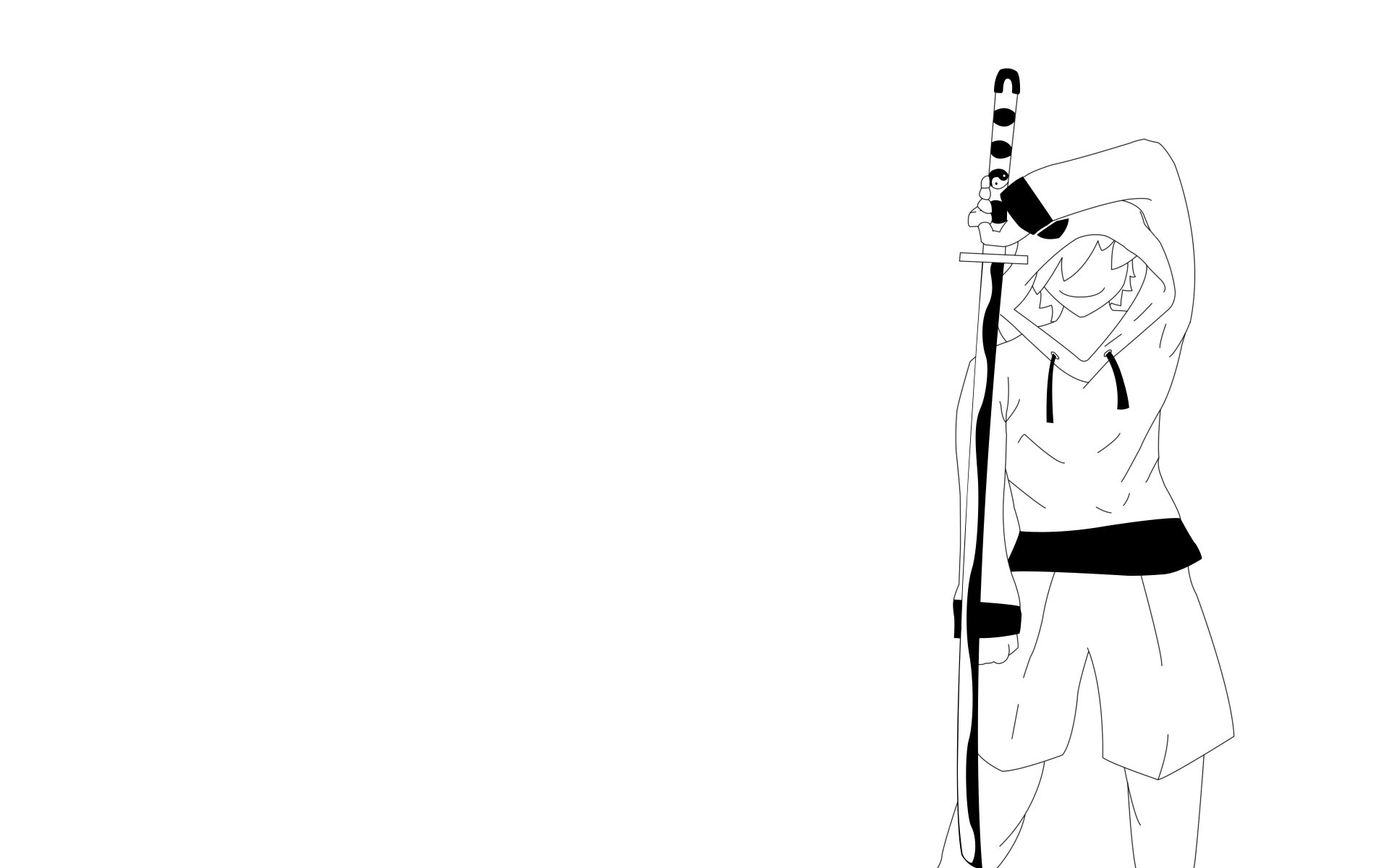 Anime 'Blade 9' 4K Ultra HD PC desktop wallpaper: minimalist black-and-white line art of a hooded figure grasping a tall sword at the right, ample negative space to left.