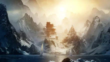 A breathtaking fantasy city nestled among towering mountains, bathed in golden sunlight, with serene waters and distant sails, evoking the beauty of Earth and space. HD desktop wallpaper.