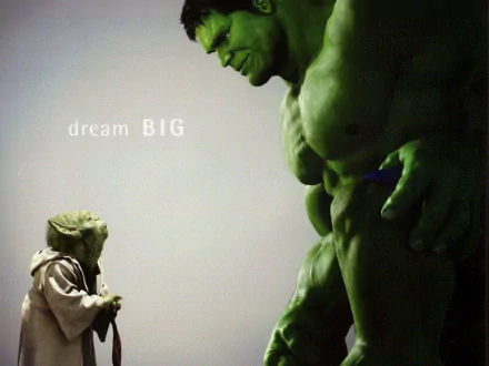 HD wallpaper featuring a creative mashup of Yoda and Hulk with the inspirational caption dream BIG.