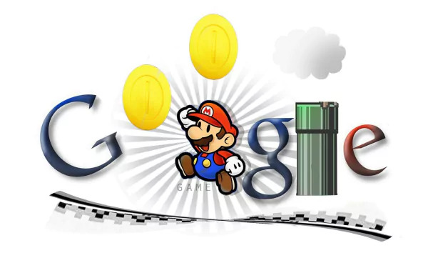 A vibrant HD desktop wallpaper featuring the Google logo intertwined with gaming elements, including a character reminiscent of a famous video game and playful coins.