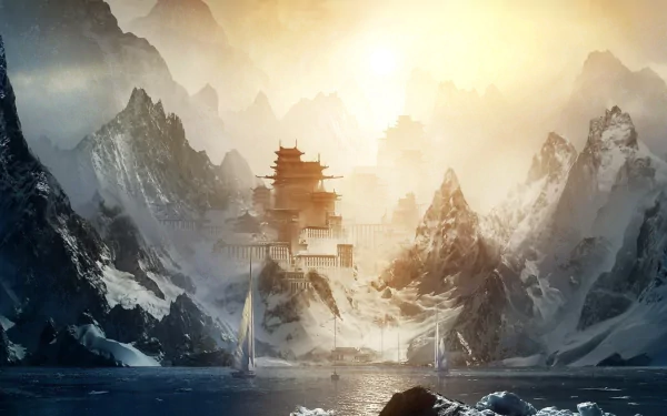 A breathtaking fantasy city nestled among towering mountains, bathed in golden sunlight, with serene waters and distant sails, evoking the beauty of Earth and space. HD desktop wallpaper.
