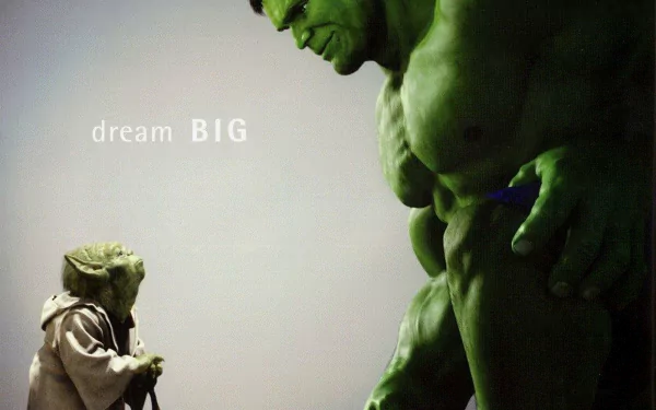 HD wallpaper featuring a creative mashup of Yoda and Hulk with the inspirational caption dream BIG.