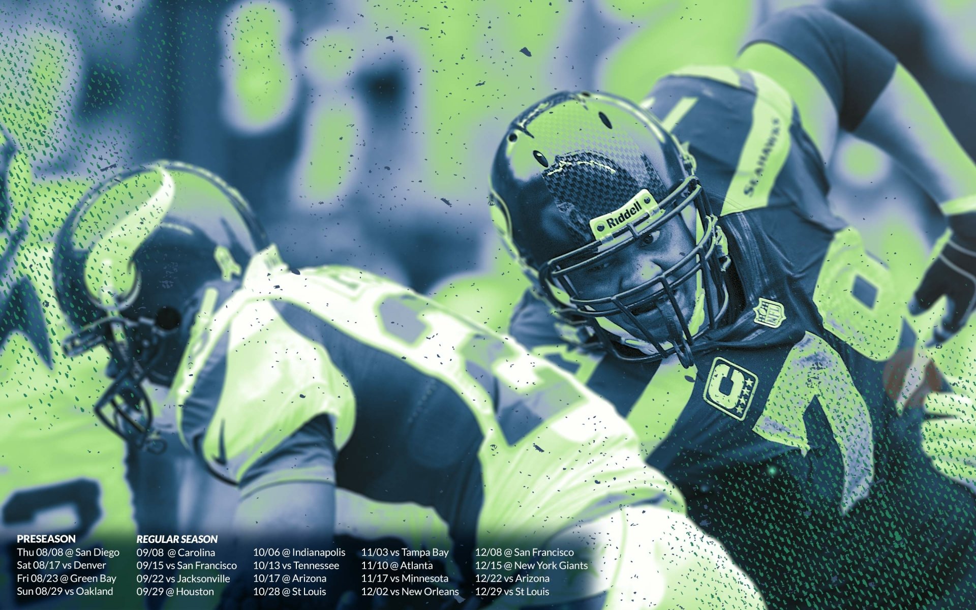 2K Quad HD PC wallpaper: two Seattle Seahawks in neon‑tinted action, colliding on the field with a textured background and resolution labels across the bottom.