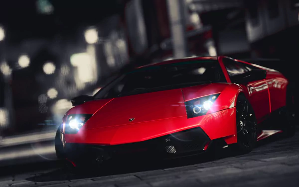 A striking red Lamborghini Murcielago supercar positioned in an urban setting, showcasing its sleek design and powerful presence. An eye-catching HD desktop wallpaper.