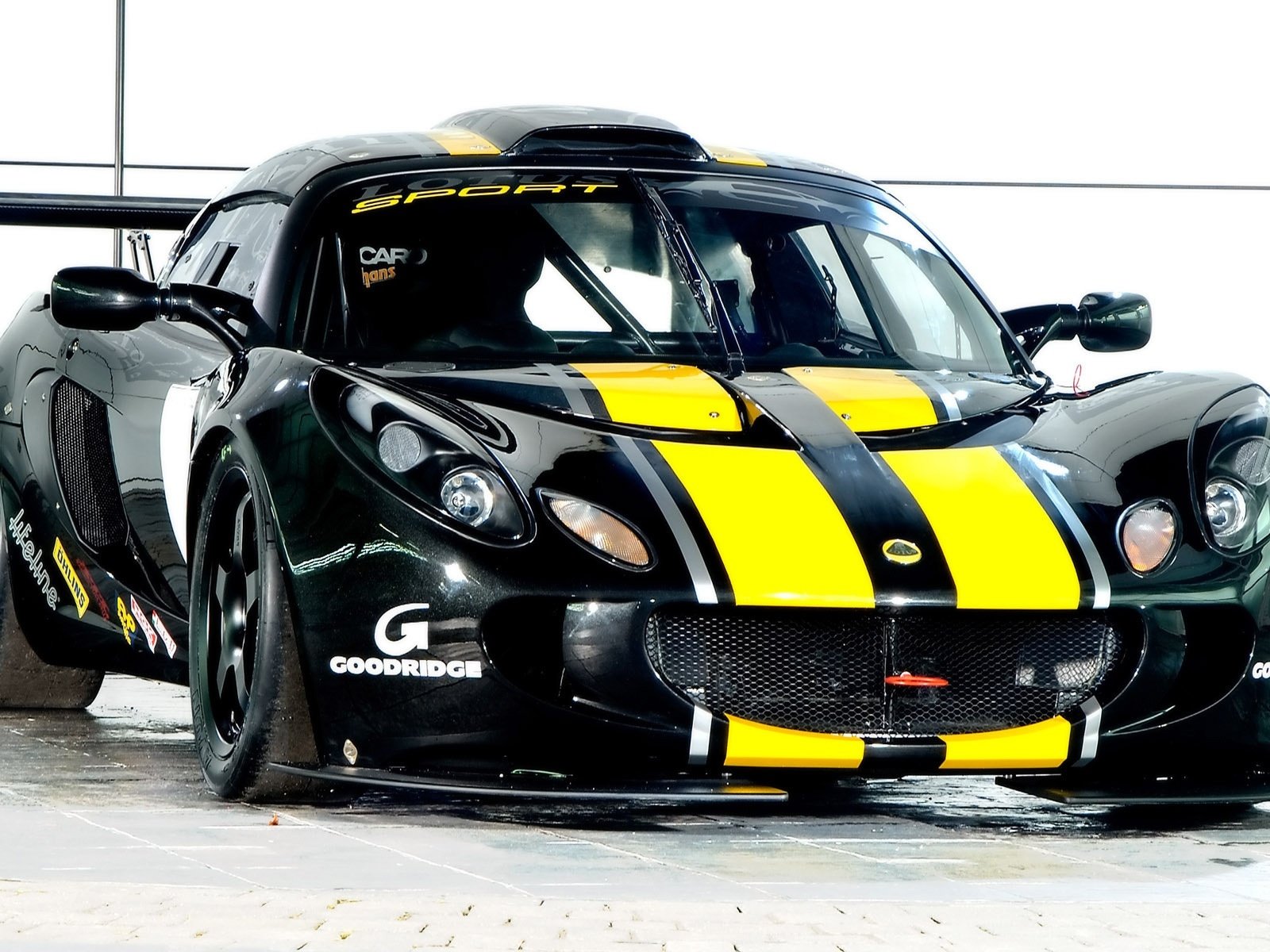 Black Lotus Exige sports car with bold yellow racing stripes, showcased as an HD PC desktop wallpaper and background.