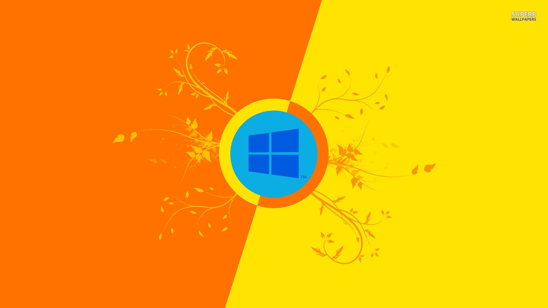 HD PC desktop wallpaper featuring a vibrant orange and yellow split background with the Windows 8 logo centered, incorporating delicate floral technology-themed accents.