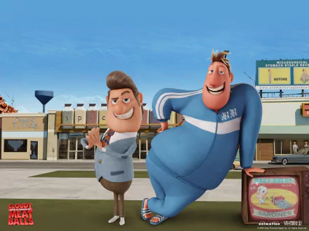 Animated characters Brent and Mayor Shelbourne from Cloudy with a Chance of Meatballs pose against a colorful backdrop, showcasing a vibrant scene from the movie.