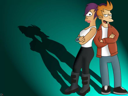 HD PC desktop wallpaper featuring Leela and Fry from the TV show Futurama, standing back-to-back with their shadows cast on a teal background.