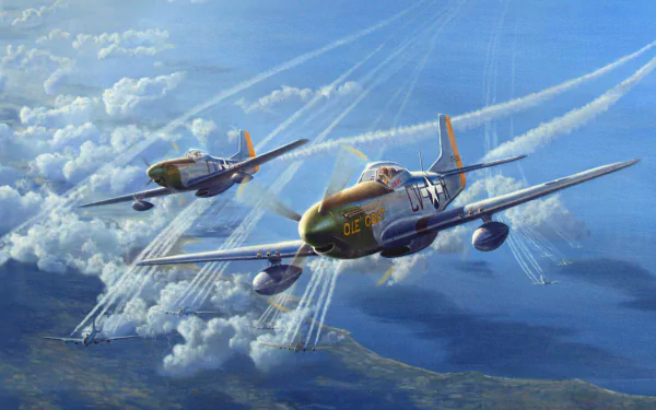 A stunning HD wallpaper featuring North American P-51 Mustangs soaring through a blue sky, leaving vapor trails above a cloud-covered landscape.