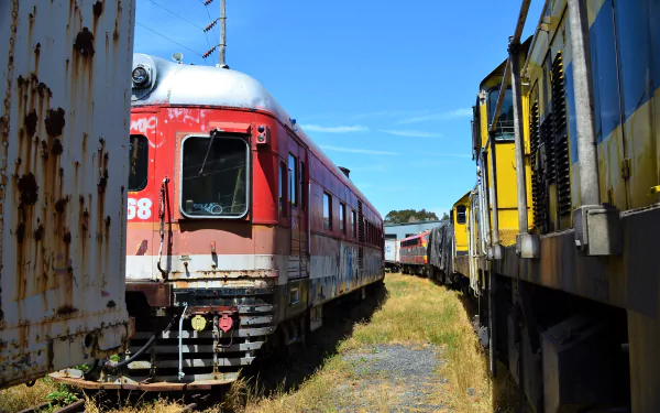 HD desktop wallpaper featuring a Lithgow railcar and train vehicles parked side by side under a clear blue sky.