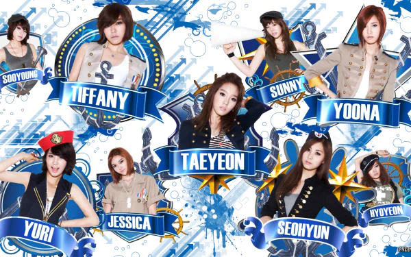 HD PC desktop wallpaper featuring Girls' Generation (SNSD) members Tiffany, Taeyeon, Sunny, Yoona, Yuri, Jessica, Seohyun, and Hyoyeon with a music-themed background.