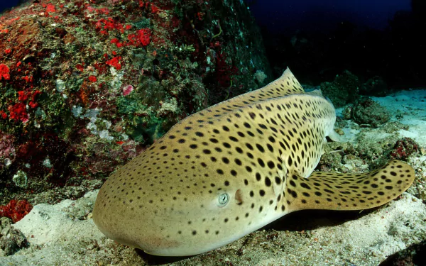 HD PC desktop wallpaper featuring a close-up of a leopard shark resting on the ocean floor near a colorful coral reef.