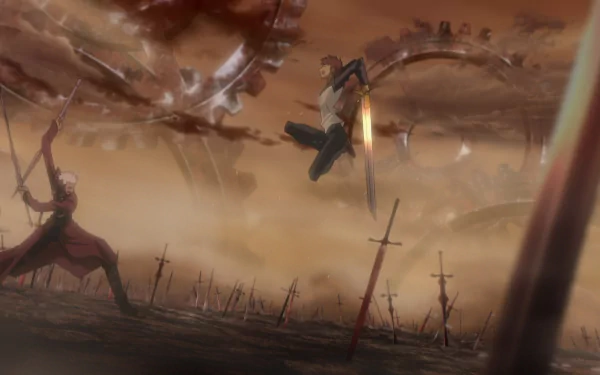 HD wallpaper from Fate/Stay Night: Unlimited Blade Works featuring two characters in an intense battle amidst a field of swords.